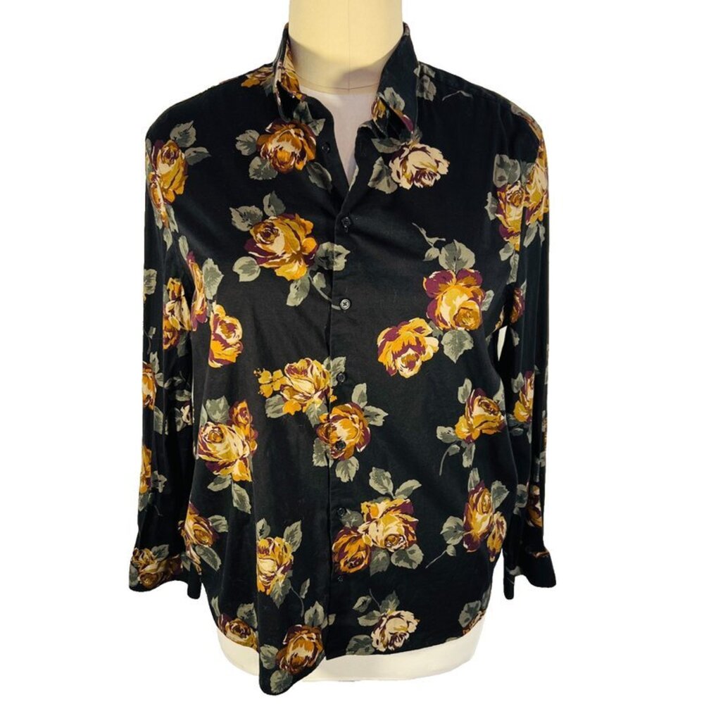 Express - Blouse Women's XXL Button Up Shirt Black with Olive Green Tan Floral